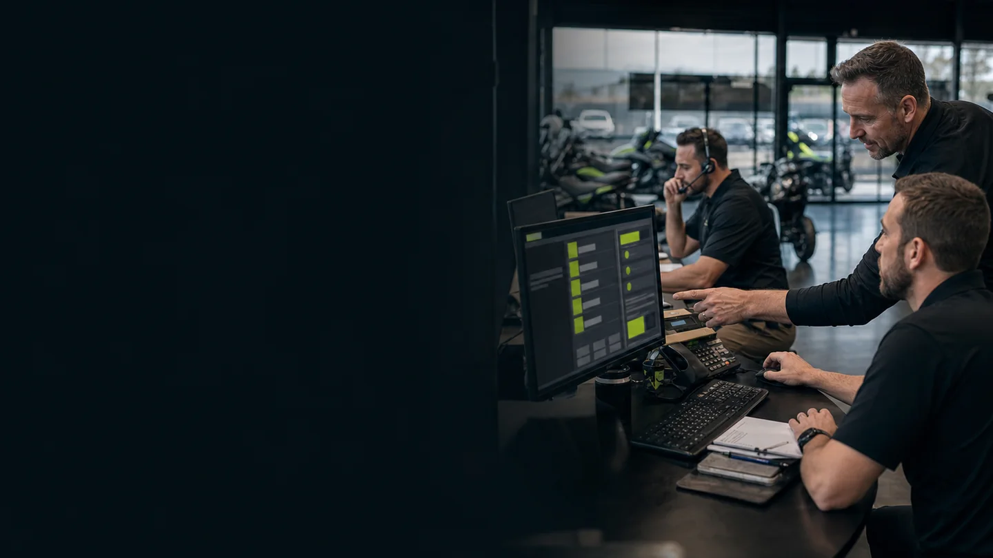 A powersports dealership team reviewing CRM lead ownership and follow-up