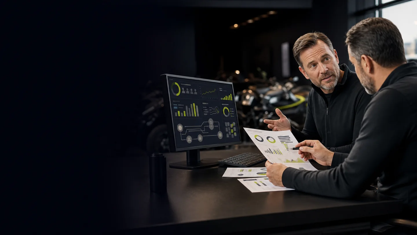 A dealership general manager and marketing operator reviewing a monthly operating report